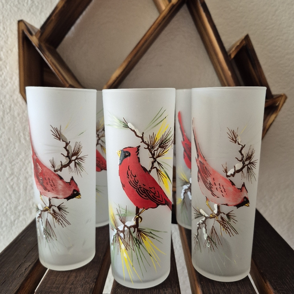 Vintage Tom Collins Frosted Glasses with Red Cardinal Design